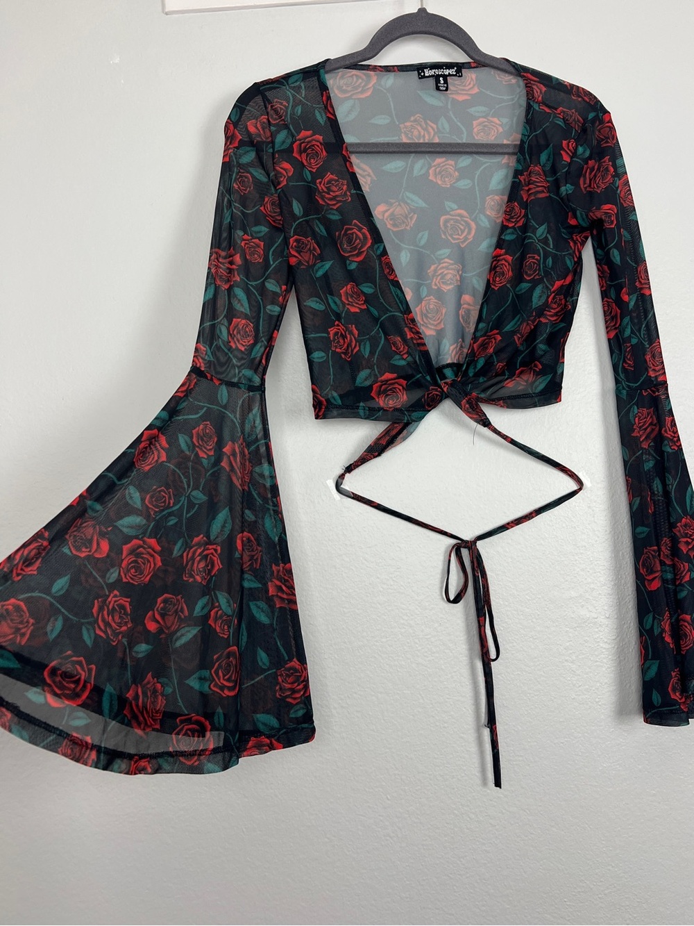 Horoscopez Whimsigoth Witchy Bell Sleeve Sheer Rose Tie Front Top Festival S
